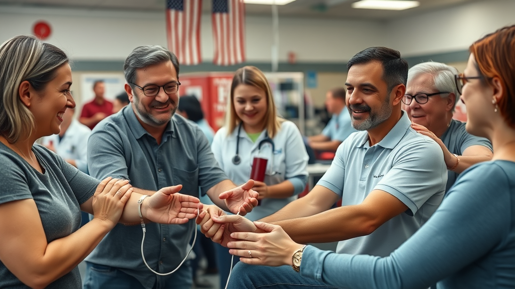 Uplifting scene of ordinary citizens at a blood donation drive, offering hope by giving blood — personal duty to country example
