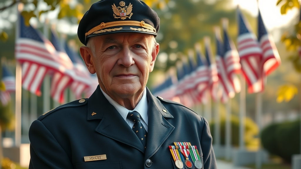 Inspiring portrait of an older navy veteran, standing proudly in a dress uniform with medals amidst American flags — duty to country example