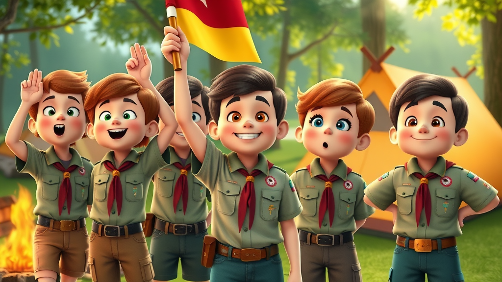 Engaged group of scouts raising a flag in colorful uniforms on a lush campground — scouting duty to country example
