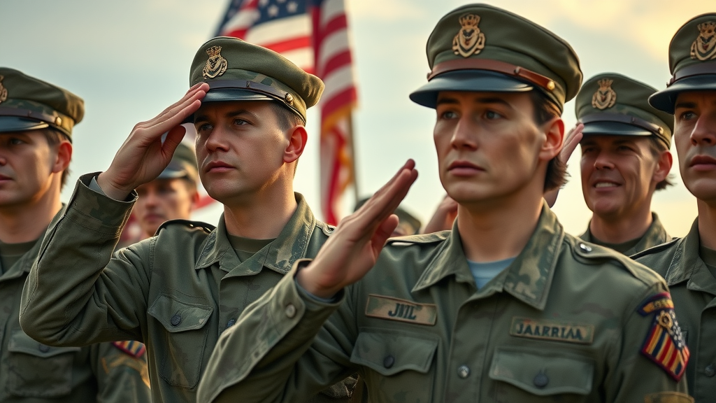 Heroic scene with multi-generational military service members saluting by a historic battlefield memorial — military service as a duty to country
