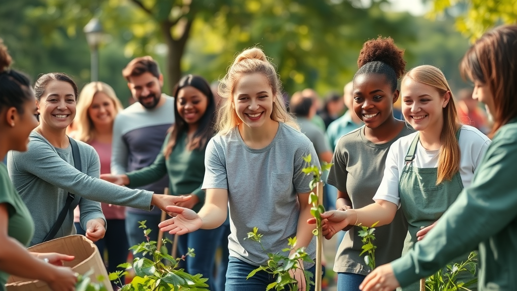 Energetic group of community volunteers helping at a food bank, planting trees in a city park — volunteering as duty to country