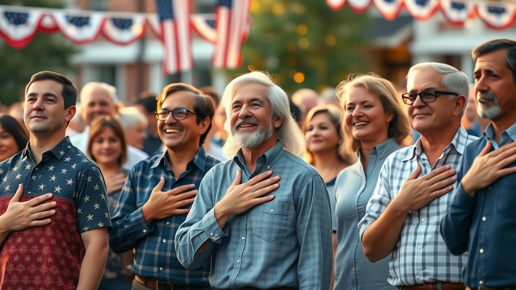 Symbolic gathering of diverse American citizens placing their hands over their hearts in a ceremony — what does duty to country mean