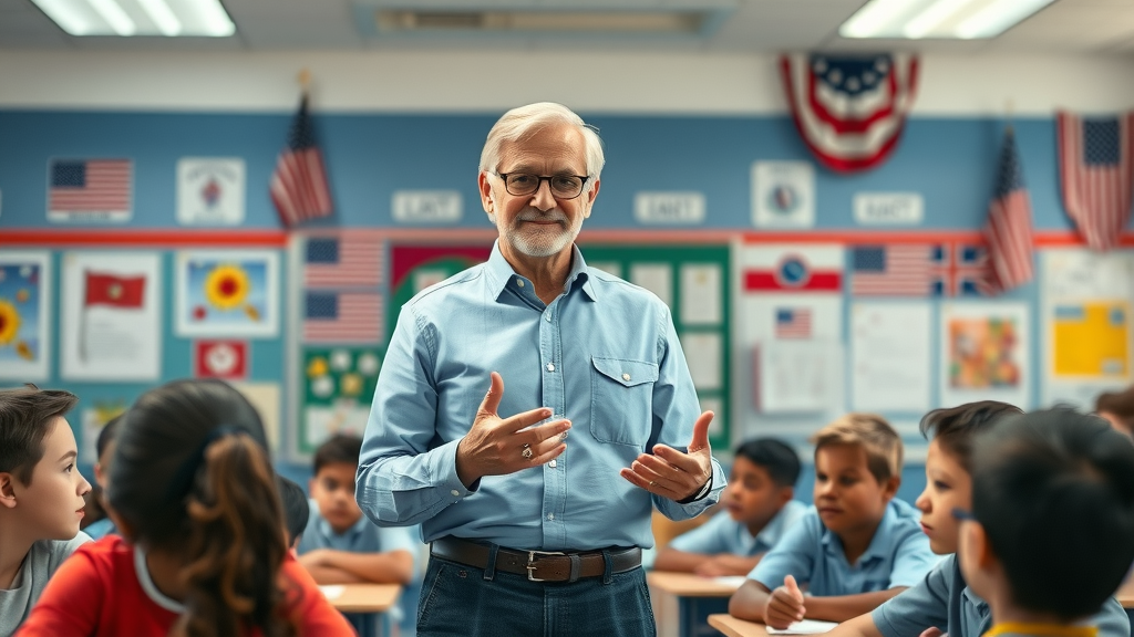 Respected teacher in a diverse classroom guiding students through a patriotic lesson — educator as pillar of duty to country